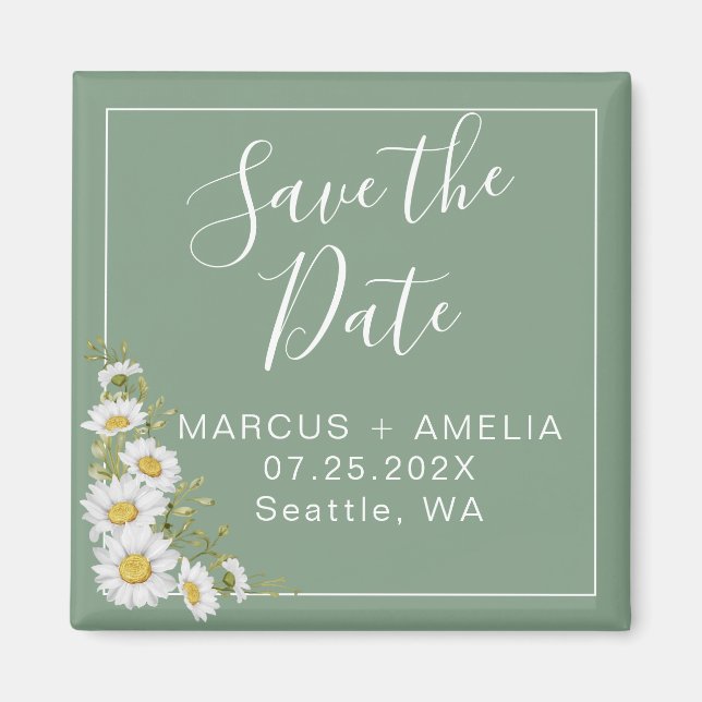 Hübsche Basil Green & White Daisies Save the Date Magnet (Vorne)