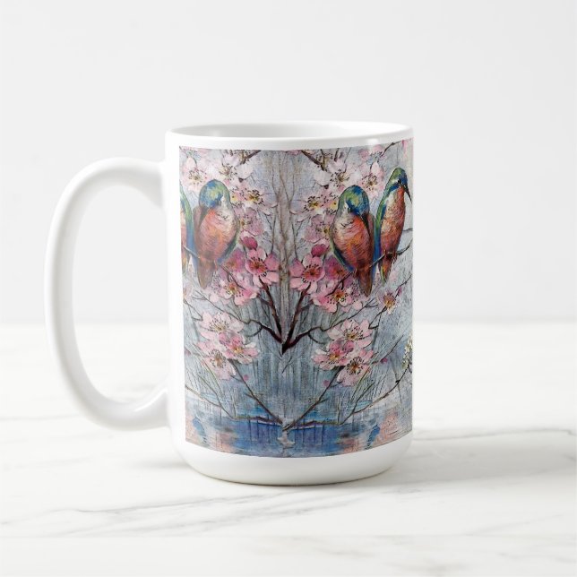 Hübsche bemalte Eisvögel und Blumen Kaffeetasse (Links)