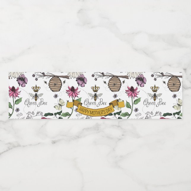 Hübsche Black & Gold Queen Bee, Crown & Scroll Wasserflaschenetikett (Einzelnes Label)