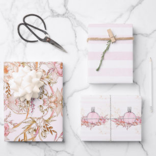 Hübsche, blassrosa Duftstreifen und Blumenmotive Geschenkpapier Set