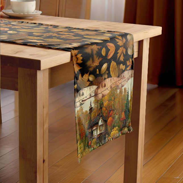 Hübsche Blätter Wasserfarben Herbst Hütte Bäume Kurzer Tischläufer (Von Creator hochgeladen)