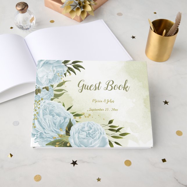 hübsche blaue Blumen grüne Blätter botanisch Gästebuch (Vorderseite Offen)