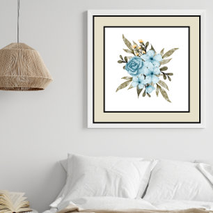 Hübsche blaue Blumen Schwarze Linien blassbeige Gr Poster