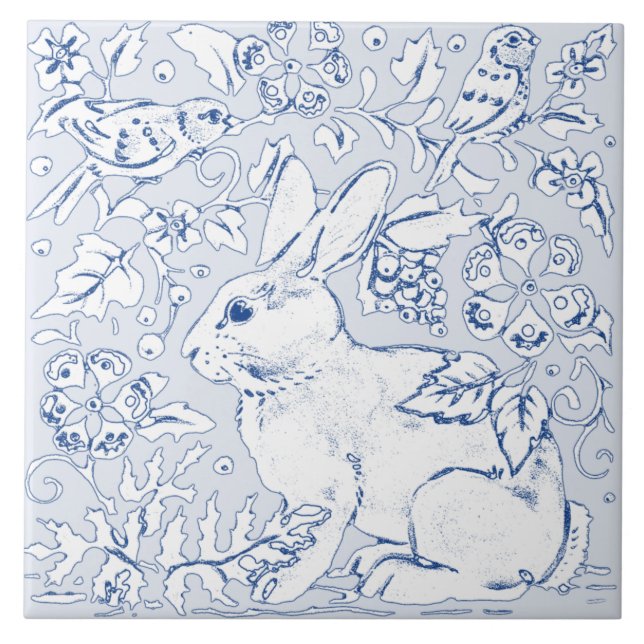 Hübsche Blaue Bunny Rabbit Bird Floral Faces Verla Fliese (Vorderseite)