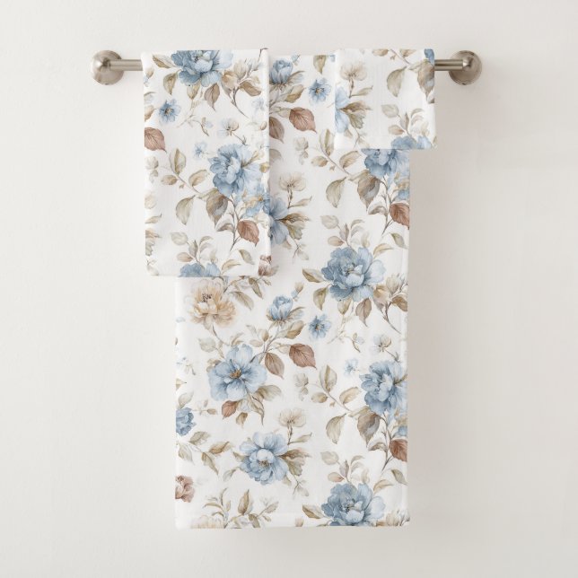 Hübsche Blaue Creme Beige Braune Blumen Badhandtuch Set (Insitu)