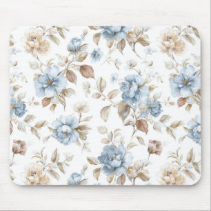 Hübsche Blaue Creme Beige Braune Blumen Mousepad
