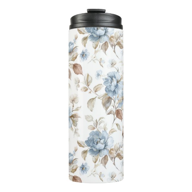 Hübsche Blaue Creme Beige Braune Blumen Thermosbecher (Vorderseite)
