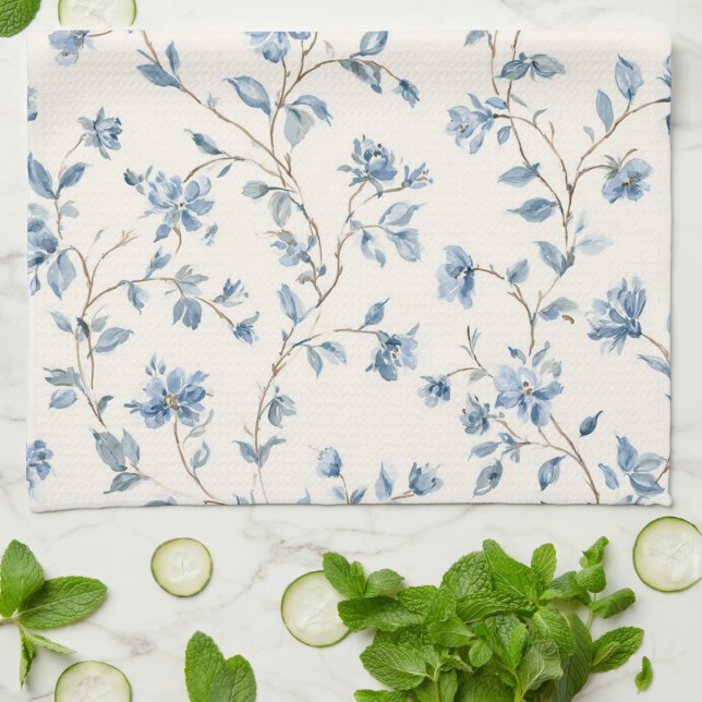 Hübsche Blaue Creme Blumen Geschirrtuch (Gefaltet)