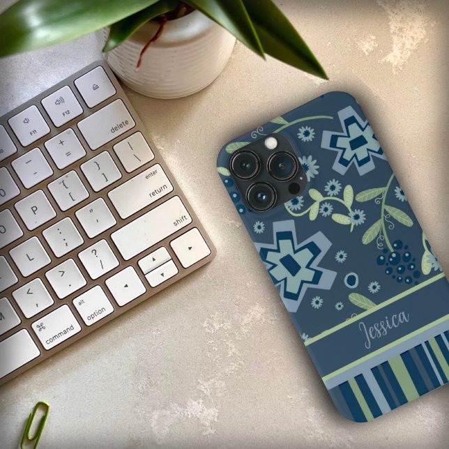 Hübsche blaue Flora und Streifen - kundenspezifisc Case-Mate iPhone Hülle (Von Creator hochgeladen)