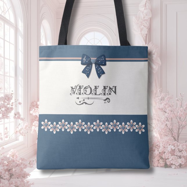Hübsche blaue kokette Bogen Violin Orchester-Tasch (Pretty blue coquette bow violin tote bag for teen girls to carry scores to orchestra concerts.)