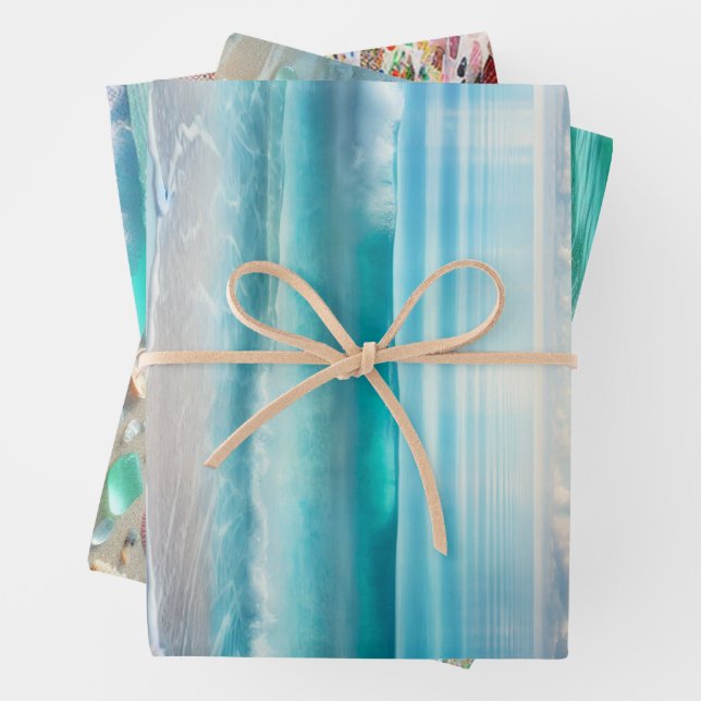 Hübsche Blaue Ozeanwellen und Meerglas Geschenkpapier Set (Beispiel)