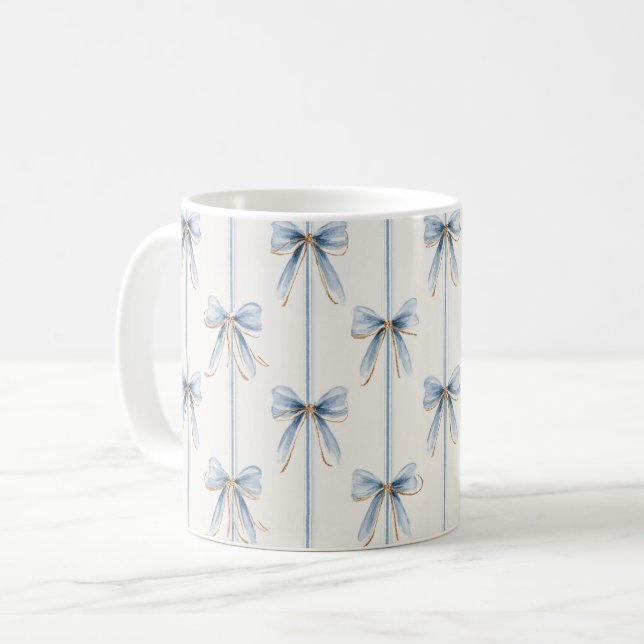 Hübsche blaue Schleifen & Streifen Kaffeetasse (Vorderseite Links)