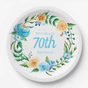 Hübsche blaue und gelbe Blumen zum 70. Geburtstag Pappteller