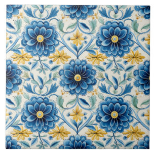 Hübsche blaue und gelbe florale Vintage Fliese