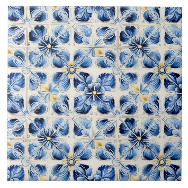 Hübsche blaue und gelbe florale Vintage Fliese (Vorderseite)