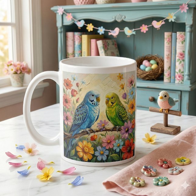 Hübsche blaue und grüne Sittiche personalisiert Kaffeetasse (Von Creator hochgeladen)