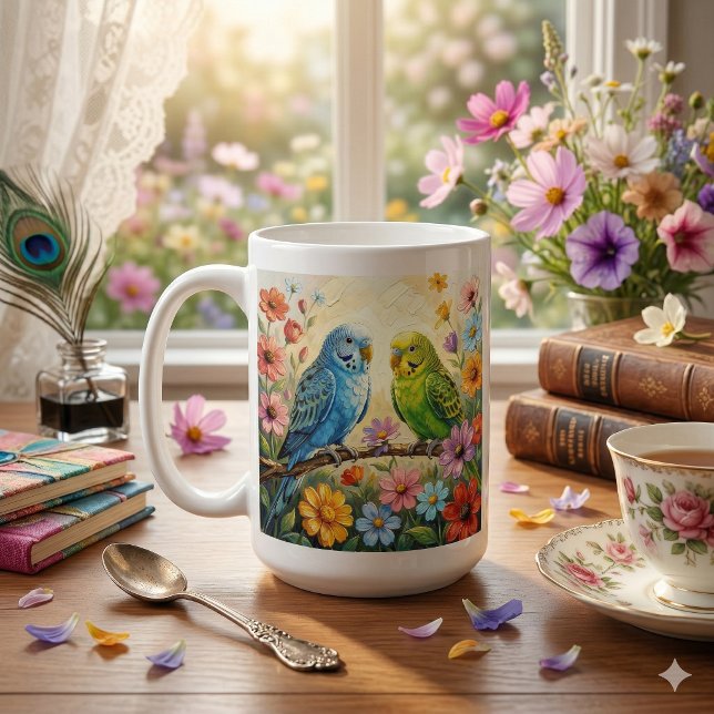 Hübsche blaue und grüne Sittiche personalisiert Kaffeetasse (Von Creator hochgeladen)