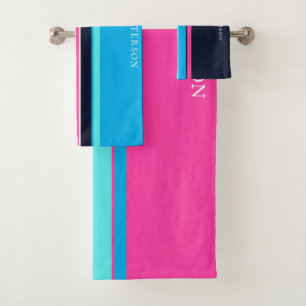 Hübsche blaue und heiße rosa Linienart personalisi Badhandtuch Set
