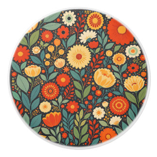 Hübsche blaue und orangefarbene florale Volkskunst Keramikknauf