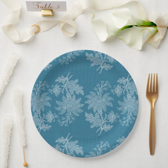 Hübsche blaue weiße Blumen-Faux-Spitze Hochzeit Pappteller (Hochzeit)