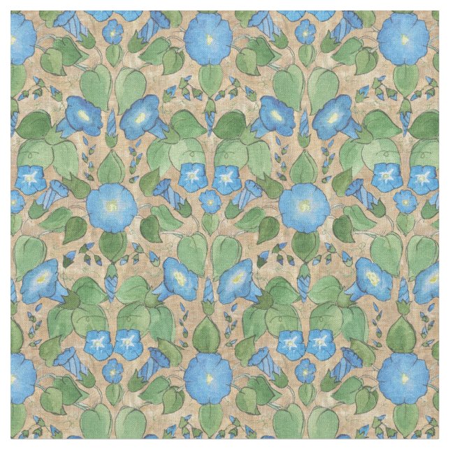 Hübsche blaue Winde auf Taupe-Blumengewebe Stoff (Nahaufnahme)