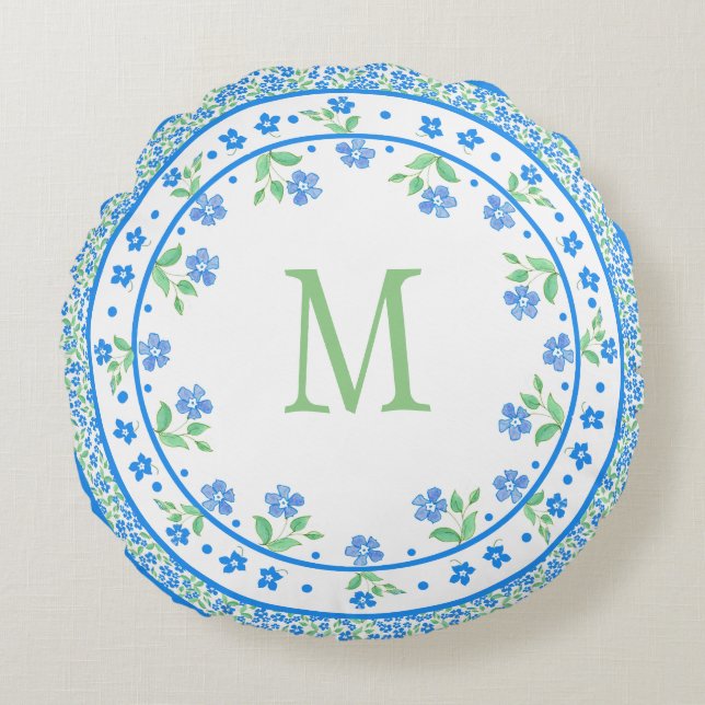 Hübsche blaues Grün-Singrün-runde mit Blumengrenze Rundes Kissen (Vorderseite)