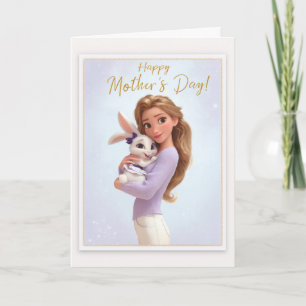 Hübsche blonde Mama kuschelt mit ihrem Baby-Bunny- Karte