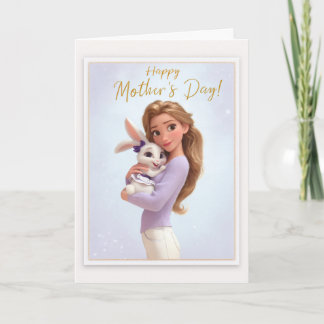 Hübsche blonde Mama kuschelt mit ihrem Baby-Bunny- Karte