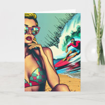 Hübsche Blonde Retro Frau und Surfer Typ