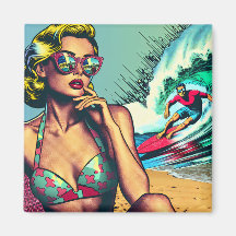 Hübsche Blonde Retro Frau und Surfer Typ