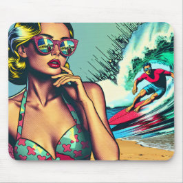 Hübsche Blonde Retro Frau und Surfer Typ Mousepad