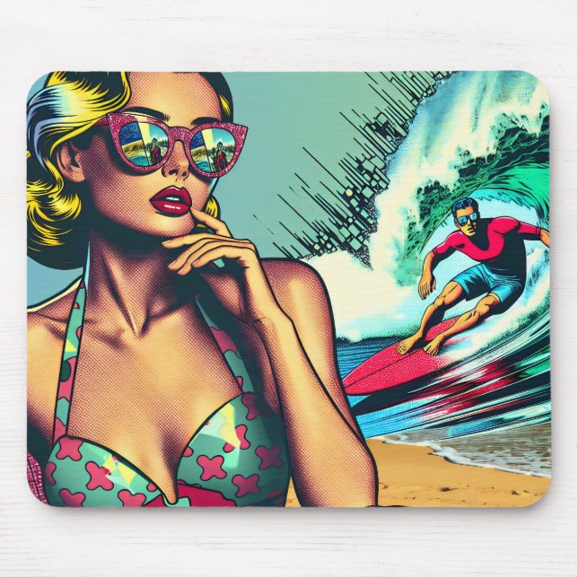 Hübsche Blonde Retro Frau und Surfer Typ Mousepad (Vorne)