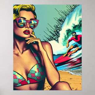 Hübsche Blonde Retro Frau und Surfer Typ Poster