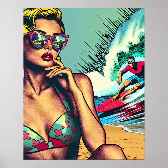 Hübsche Blonde Retro Frau und Surfer Typ Poster (Vorne)