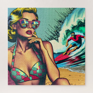 Hübsche Blonde Retro Frau und Surfer Typ Puzzle