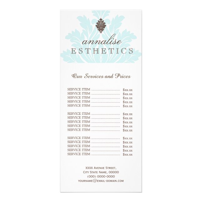 Hübsche Blue Damask Price List Rack Card Werbekarte (Vorne)