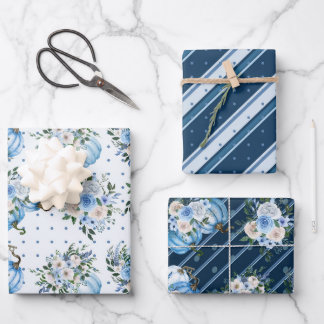 HÜBSCHE BLUE & WHUE FALL PUMPKINS & BLUME GESCHENKPAPIER SET