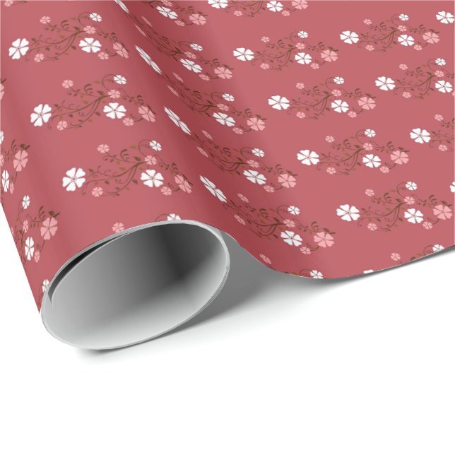 Hübsche Blume Blossom Muster Burgund Geschenkpapier (Rolleneckpunkt)
