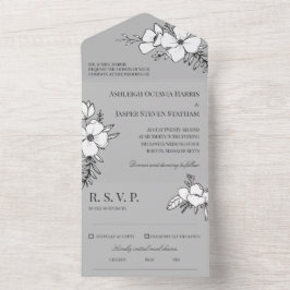 Hübsche Blume Hochzeit in Grau und Weiß All In One Einladung
