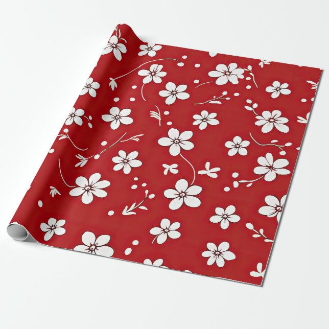 Hübsche Blume in Rot und Weiß Geschenkpapier (Ungerollt)