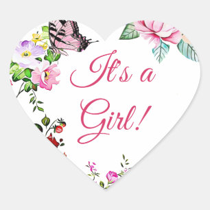 Hübsche Blume und Butterfly It a Girl Herz-Aufkleber