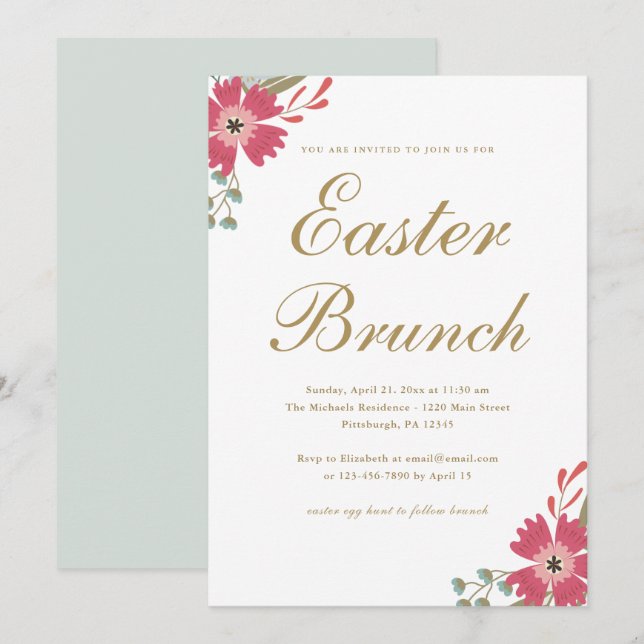 Hübsche Blume und Minzgrün Ostern Brunch Einladung (Vorne/Hinten)