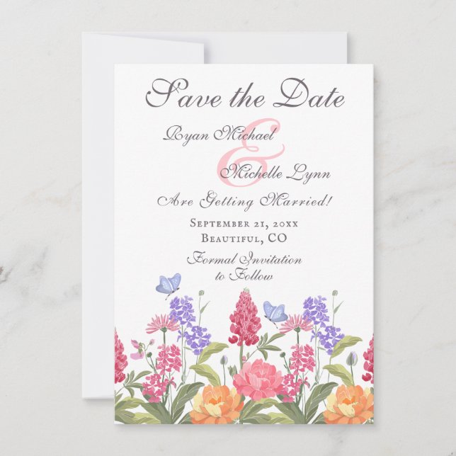 Hübsche Blume und Schmetterlinge Hochzeit Save The Date (Vorderseite)