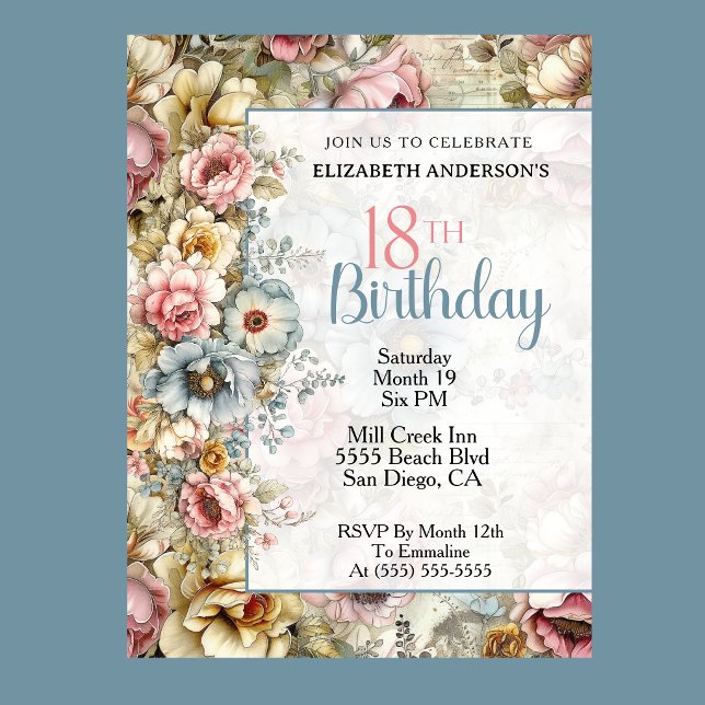 Hübsche Blumen-Collage zum 18. Geburtstag Einladung (Pastel floral 18th birthday invitation with vintage watercolor flowers and blue accents
)