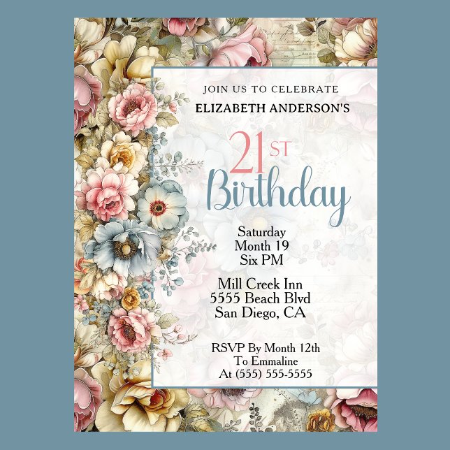 Hübsche Blumen-Collage zum 21. Geburtstag Einladung (Elegant pastel floral 21st birthday invitation with vintage flowers and soft blue accents
)