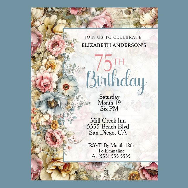Hübsche Blumen-Collage zum 75. Geburtstag Einladung (Elegant pastel floral 75th birthday invitation with vintage flowers and soft blue accents
)
