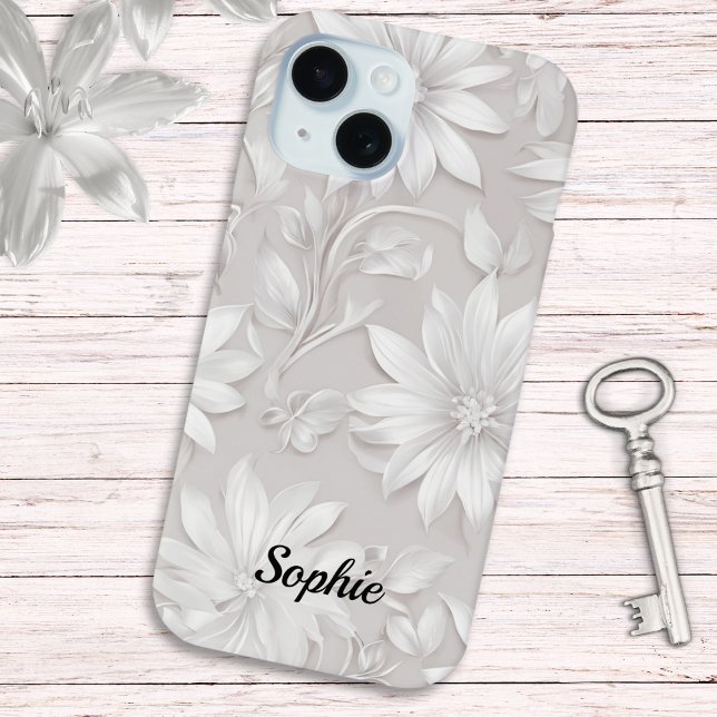 Hübsche Blumen Gemustert Weiß Elegant Chic Case-Mate iPhone Hülle (A pretty floral phone case in light natural and white colors, personalized with a name)