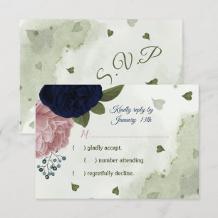 hübsche Blumen in Rosa und Marineblau RSVP Karte