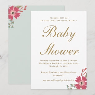 Hübsche Blumen und mintgrüne Babyparty Einladung