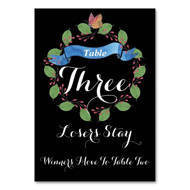 Hübsche Blumenkranz-Bunco-Tischkarte Nr. 3 Tischnummer (Vorderseite)